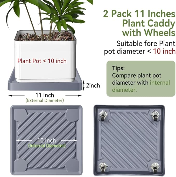 2 Pack-Square Plant Caddy with Hidden Wheels 11 Inch Heavy Duty Rolling Plant Stands Indoor Outdoor Plant Saucer Tray Dolly with $9.9 Garden Tools (Gray)