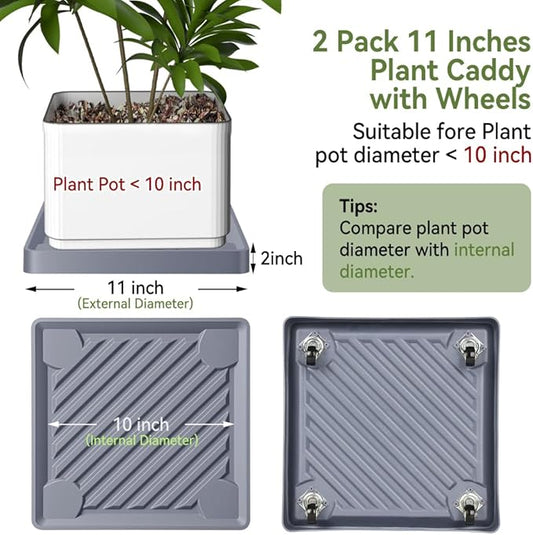 2 Pack-Square Plant Caddy with Hidden Wheels 11 Inch Heavy Duty Rolling Plant Stands Indoor Outdoor Plant Saucer Tray Dolly with $9.9 Garden Tools (Gray)