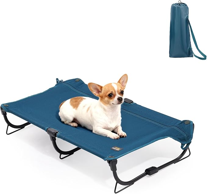 Daisy Cot, Medium Foldable Elevated Dog Bed, Portable Raised Outdoor Folding Dog Cot, Cooling, Chew Proof, Waterproof, Heavy Duty Up to 160 Lbs for Camping/Home, Dark Blue, 32"x 19"x6"