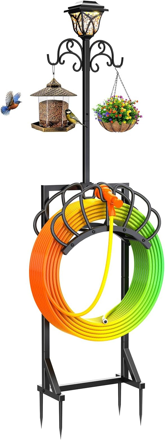New Upgraded 3-in-1 Garden Hose Holder with Solar Light & Shepherds Hooks | Stores 160" Hose, Freestanding with Double Hooks for Hanging Decor - Perfect for Outdoor Yard, Lawn & Patio at Night