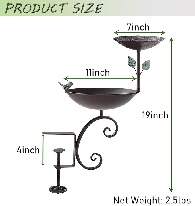 Bird Bath for Deck Railing, 2 in 1 Balcony Bird Feeder and Baths for Outdoors, Detachable Outdoor Birdbath with Heavy Duty Clamp, Weather Resistance Suitable for Garden Porch Backyard