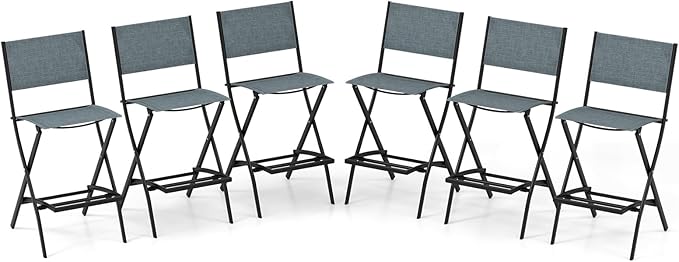 COSTWAY Outdoor Patio Bar Chair Set of 6, Folding Bar Height Stool with Metal Frame & Footrest, Patio Bar Stool for Balcony, Garden & Poolside (6, Blue)