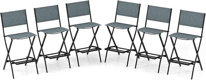 COSTWAY Outdoor Patio Bar Chair Set of 6, Folding Bar Height Stool with Metal Frame & Footrest, Patio Bar Stool for Balcony, Garden & Poolside (6, Blue)