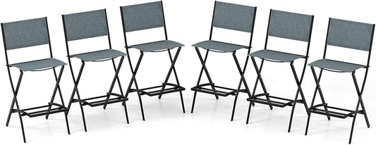 COSTWAY Outdoor Patio Bar Chair Set of 6, Folding Bar Height Stool with Metal Frame & Footrest, Patio Bar Stool for Balcony, Garden & Poolside (6, Blue)