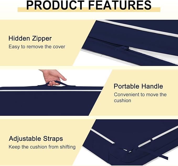 downluxe Waterproof Outdoor Chair Cushions Set of 2, 19" x 19" x 3" Patio Chair Cushion with Non-Slip Ties & Handle, Square Outdoor Cushion for Patio Furniture with Removable Cover, Navy/White