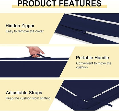 downluxe Waterproof Outdoor Chair Cushions Set of 2, 19" x 19" x 3" Patio Chair Cushion with Non-Slip Ties & Handle, Square Outdoor Cushion for Patio Furniture with Removable Cover, Navy/White