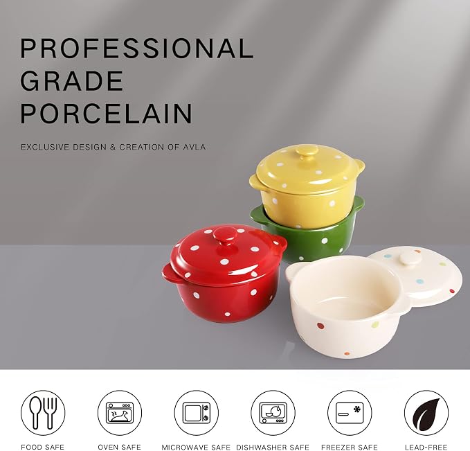 AVLA 4 Pack Porcelain Ramekins, 9 OZ Mini Casserole Bowl with Lid and Handle, Ceramic Souffle Soup Creme Brulee Bowls, Oven Safe, Mini Casserole Dish (Polka Dot, Assorted Color)