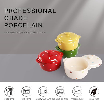 AVLA 4 Pack Porcelain Ramekins, 9 OZ Mini Casserole Bowl with Lid and Handle, Ceramic Souffle Soup Creme Brulee Bowls, Oven Safe, Mini Casserole Dish (Polka Dot, Assorted Color)