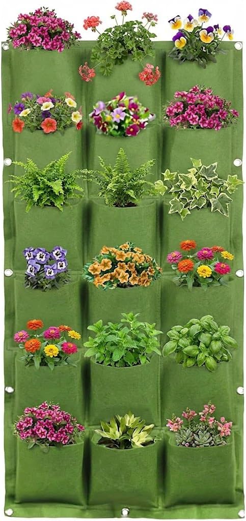 WFIST Vertical Hanging Planter Bag, Breathable Felt Wall Garden Planter with Metal Grommets, Indoor/Outdoor Space-Saving Herb & Flower Growing Pouch (18-Pocket)