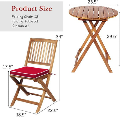 Tangkula 3 PCS Patio Folding Bistro Set, Outdoor Acacia Wood Chair and Table Set w/Padded Cushion& Round Coffee Table, Ideal for Indoor Patio Poolside Garden (Red)