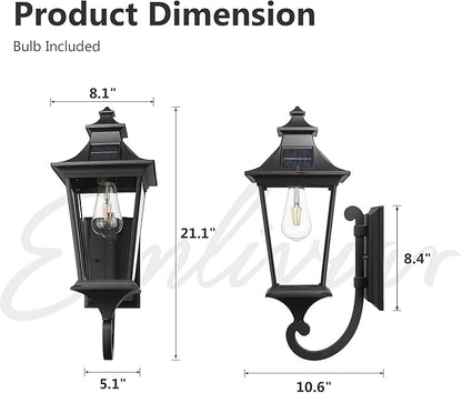 Emliviar Solar Exterior Front Porch Light with Remote Control, 3 Lighting Modes Waterproof Solar Wall Lantern, Auto On/Off Black Outside Light with Clear Glass, 500181-SL BK