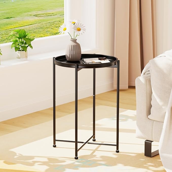 Garden 4 you Small Side Table, Mini Round End Table, Tray Table with Metal Frame, Modern Nightstand for Living Room, Bedroom, Patio, Small Space, Black