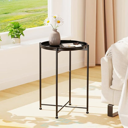 Garden 4 you Small Side Table, Mini Round End Table, Tray Table with Metal Frame, Modern Nightstand for Living Room, Bedroom, Patio, Small Space, Black