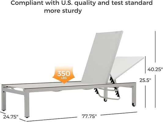 Grand patio Outdoor Chaise Lounge Set of 2 Mesh Sling Lounge Chairs with Woodgrain Texture, Portable Wheels & 4 Adjustable Reclining Backrest Positions for Poolside Beach White 2PCS