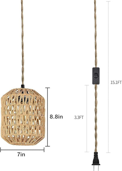 Plug in Pendant Light, Industrial Hanging Light with Plug in Cord Hemp Rope On/Off Switch Farmhouse, Vintage Pendant Light Fixture, Hanging Lamps for Dining Room