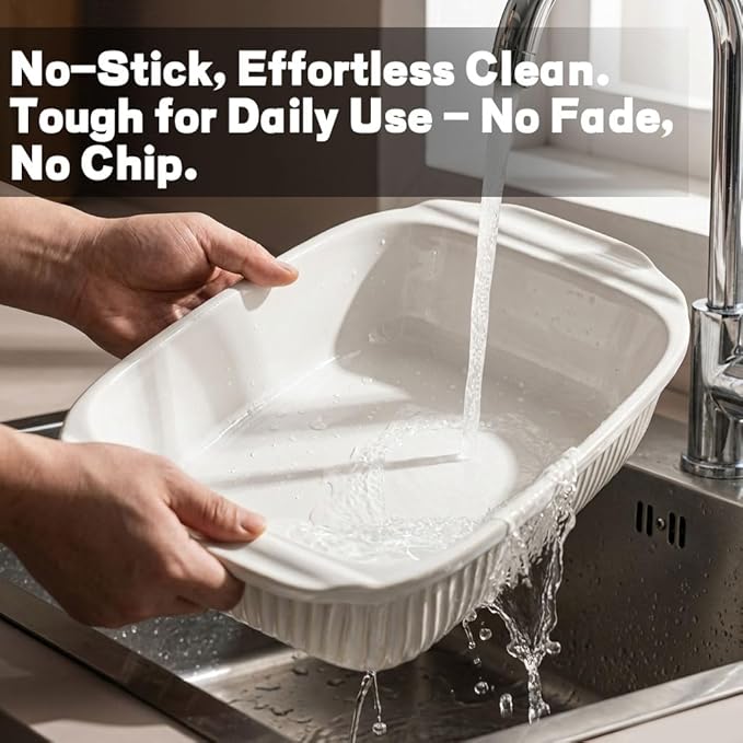 Artena Baking Dish 5.1 Quarts, Casserole Dishes For Oven, Baking Pan With Handles, Lasagna Pan Deep, Large Casserole Dish, Rectangular Ceramic Bakeware (White, With Lid)