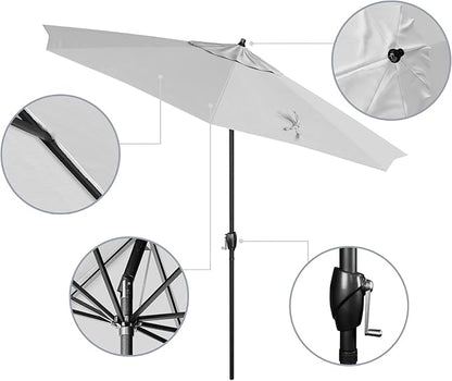 California Umbrella 9' Rd Aluminum Patio Umbrella, Crank Lift, Auto Tilt, Black Finish, Sunbrella Natural