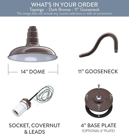Steel Lighting Co. Topanga Barn Light | Outdoor Wall Mounted | Farmhouse Garage Light Made in America | 14 inch Dome | 11 inch Gooseneck | Dark Bronze Exterior/White Interior