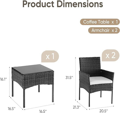 DUMOS 3-Piece Patio Furniture Set, All-Weather Outdoor Wicker Chairs with Removable Cushions & Tempered Glass Table, Small Bistro Set for Porch, Balcony, Lawn, Backyard, Black