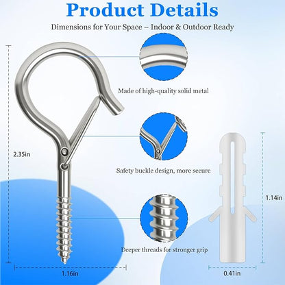 24 Pack Silver Screw Hooks with Safety Buckle - 2.3 Inch Rustproof Eye Ceiling Hooks for Hanging Plants,Outdoor String Lights,Baskets,Christmas Lights & Decor,40lb Capacity (24, Silver)