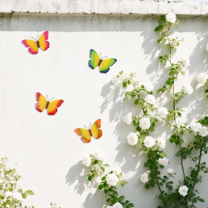 dreamskip 4 Pcs Metal Butterfly Wall Decor Art, Colorful Metal Butterflies Outdoor Wall Art, Hand-Crafted Outdoor Wall Decor For Yard, Garden, Fence, Patio, Living Room, Bedroom Decoration