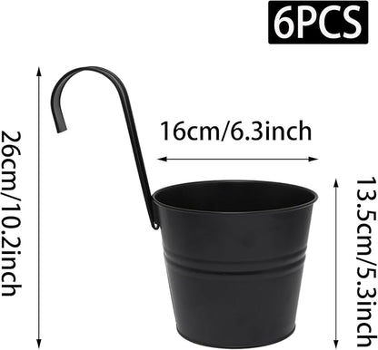 6 Pcs Hanging Flower Pots with Detachable Hooks,Metal Iron Bucket Planter for Railing,Fence,Balcony Garden Decor,6INCH,Black