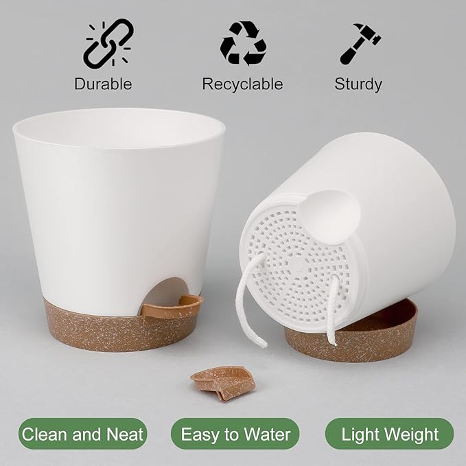 YNNICO Indoor Self Watering Planters with Drainage Holes and Saucers, 8, 7, 6.5, 6, 5.5, 5 Inches, White, 6 Pots