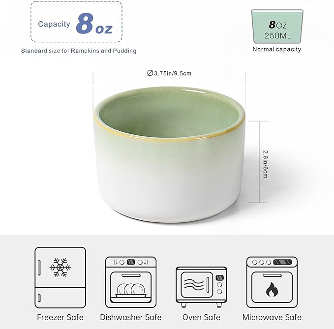 Ramekin Set, UNICASA 8 oz Creme Brulee Ramekins, Oven Safe Baking Set for Custard, Pudding, Souffle Cups, Reactive Gray (Light Green, 8oz x 6pc)