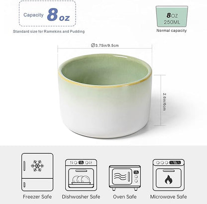 Ramekin Set, UNICASA 8 oz Creme Brulee Ramekins, Oven Safe Baking Set for Custard, Pudding, Souffle Cups, Reactive Gray (Light Green, 8oz x 6pc)