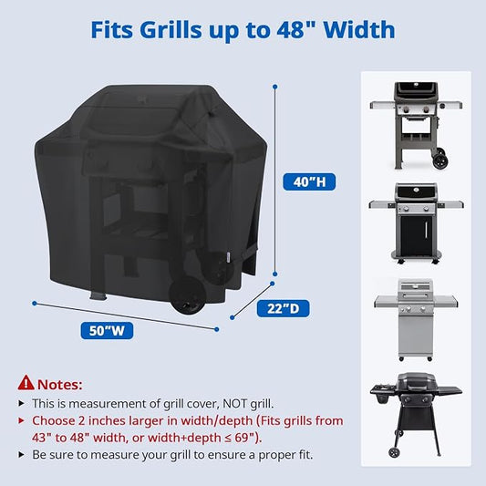 SunPatio Grill Cover 50 Inch, Outdoor Heavy Duty Waterproof Barbecue Gas Cover, UV & Fade Resistant, All Weather Protection Compatible for Weber CharBroil Kenmore Nexgrill Grills and More, Black