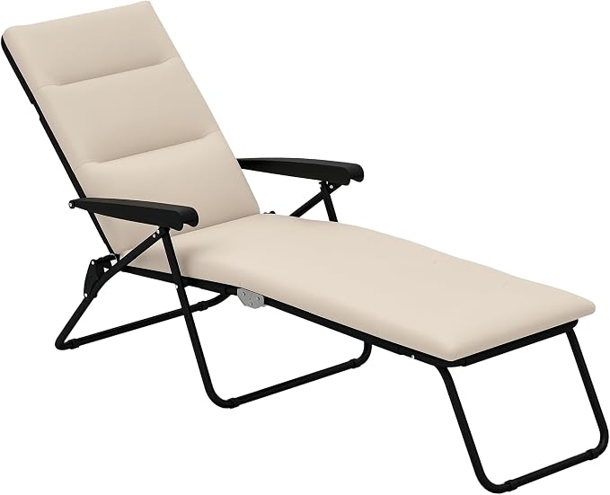 Outsunny Folding Lounge Chair, Reclining Tanning Chair, Sun Lounger with 6-Position Adjustable Back, Padded Cushion for Patio, Garden, Beach, Pool, Beige