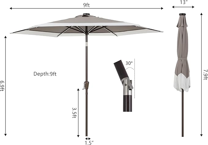 JONATHAN Y UMB1100C Spencer 9 ft. Classic Coastal 2-Tone Solar LED Market Patio Umbrella with 12 LED Strip Lights, Auto-Tilt, Crank Protection in Gray/White