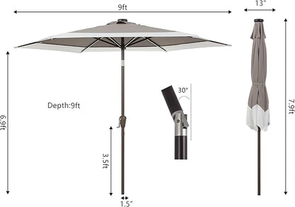 JONATHAN Y UMB1100C Spencer 9 ft. Classic Coastal 2-Tone Solar LED Market Patio Umbrella with 12 LED Strip Lights, Auto-Tilt, Crank Protection in Gray/White