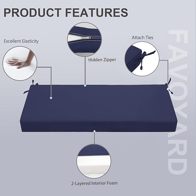 Favoyard Outdoor Bench Cushion 42 x 18 Inch Waterproof Patio Furniture Cushions 3-Year Color Fastness Garden Sofa Settee Couch Swing Pads with Handle and Attach Ties, Blue