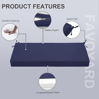 Favoyard Outdoor Bench Cushion 42 x 18 Inch Waterproof Patio Furniture Cushions 3-Year Color Fastness Garden Sofa Settee Couch Swing Pads with Handle and Attach Ties, Blue