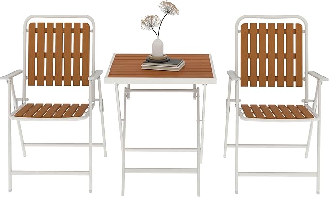 3 Piece Outdoor Bistro Set with Yellow Wood-Look Tabletop, Patio Table and Chairs Set of 2, Folding Small Balcony Furniture for Garden, Deck, Porch, Outdoor Bistro Patio Set