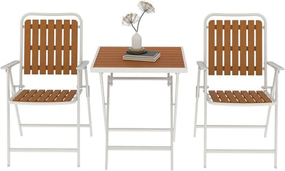3 Piece Outdoor Bistro Set with Yellow Wood-Look Tabletop, Patio Table and Chairs Set of 2, Folding Small Balcony Furniture for Garden, Deck, Porch, Outdoor Bistro Patio Set