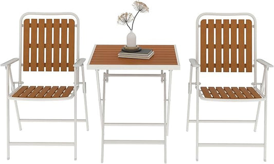 3 Piece Outdoor Bistro Set with Yellow Wood-Look Tabletop, Patio Table and Chairs Set of 2, Folding Small Balcony Furniture for Garden, Deck, Porch, Outdoor Bistro Patio Set
