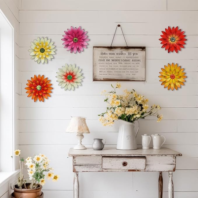 hogardeck Metal Flower Wall Decor - 6 PCS 6" Colorful Flower Decor for Indoor Outdoor, Sunflower Kitchen Decor Floral Metal Wall Art for Bathroom, Living Room, Porch, Garden, Yard