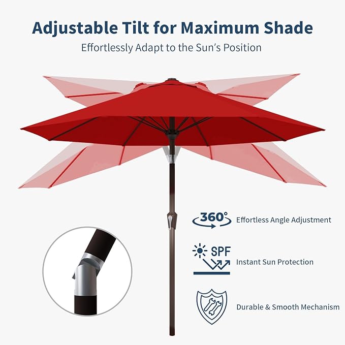 10FT Patio Umbrella Outdoor Market Umbrella with Crank and Tilt, 8 Flexible Fiberglass Ribs, UV-Resistant Waterproof Canopy for Patio, Deck, Garden, Backyard, Red