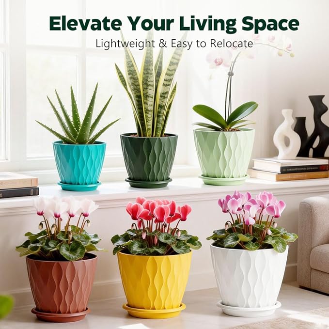 Plant Pots, Self Watering Planters with Drainage Holes and Trays, Flower Pots for Indoor Outdoor - 6 Pack(4/5/6/6.5/7/8 Inch) (Colorful)