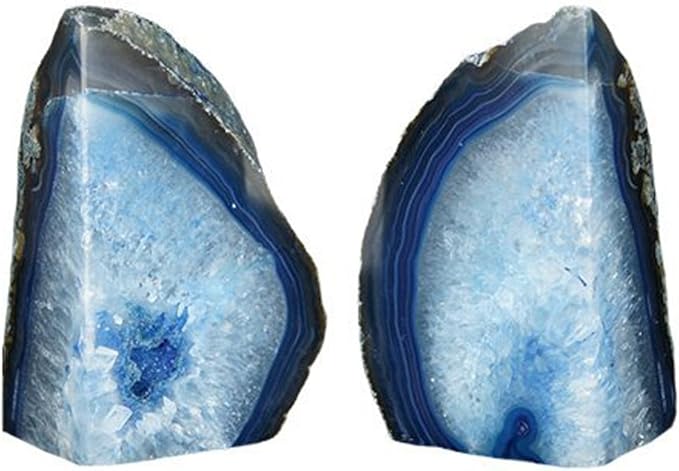 JIC Gem Agate Bookends Dyed Blue Book Ends for Heavy Books Geode Bookends for Bookshelf Decor Cute Stone Bookends with Rubber Bumpers for Office Décor and Home Decoration(1 Pair,6 to 8 Lbs)
