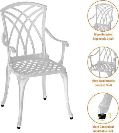 Patio Bistro Set 3 Piece, Cast Aluminum Bistro Set for 2 w/Umbrella Hole, Outdoor Table and Chairs Set of 2, Bistro Set for Balcony/Backyard/Garden, White