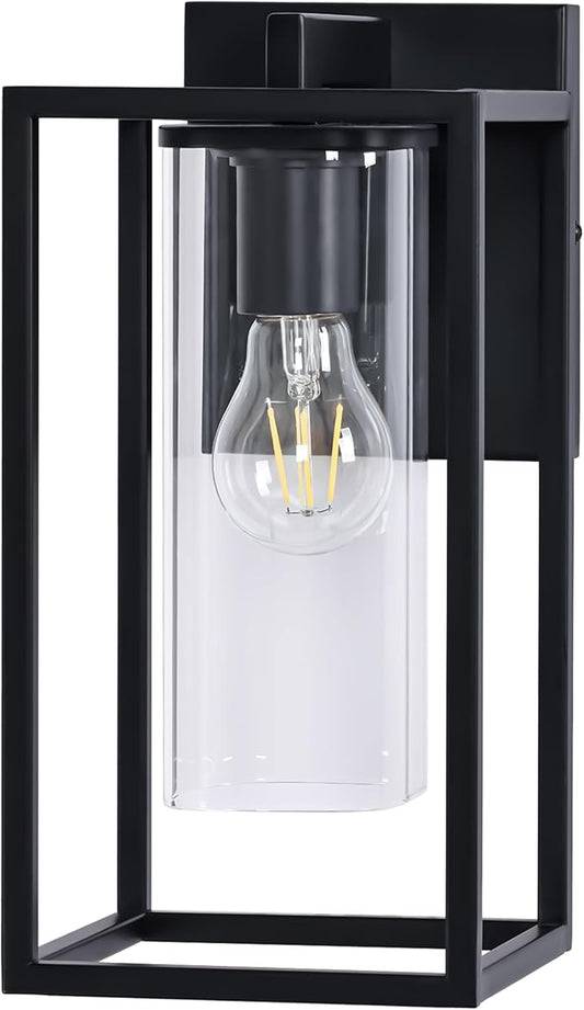Pia Ricco Outdoor Wall Lights, Black Outdoor Wall Lantern with Square Clear Glass Shade, Waterproof Exterior Lighting Fixtures, Modern Front Porch Lighting for House, Garage, E26 Base, ETL Listed