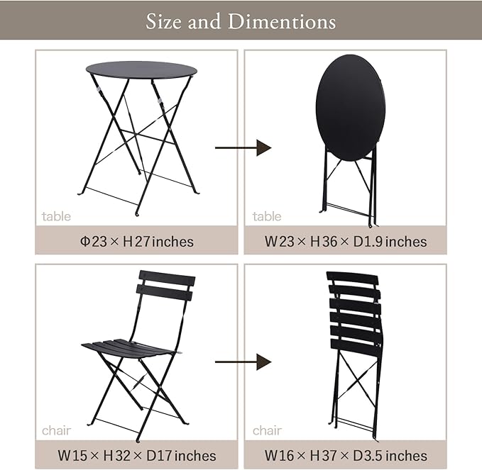 Indoor/Outdoor 3-Piece Foldable Bistro Set, Folding Outdoor Patio Furniture Sets, 2 Chairs and 1 Table, Weather-Resistant Outdoor/Indoor Conversation Set for Patio, Yellow, Black, US001