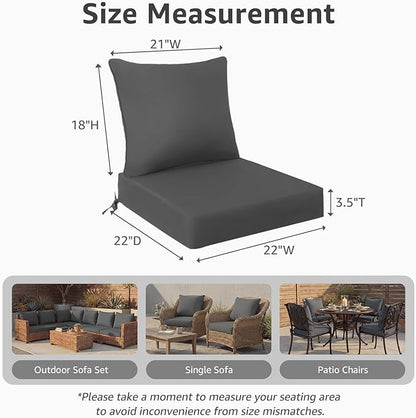 PatioGlow Outdoor Seat Cushion Set, 22" x 22" x 3.5", Set of 2, Water-Resistant & Fadeness Patio Furniture Cushions with Removable Cover & Ties, Thick Deep Seating Pads for Outside Sofa Couch, Grey
