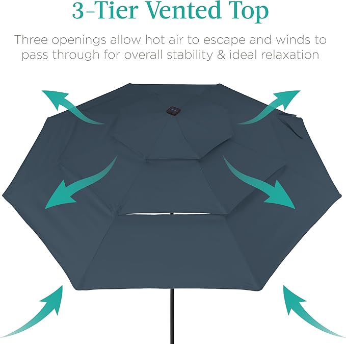 Best Choice Products 10ft 3-Tier Solar Patio Umbrella, Outdoor Market Sun Shade for Backyard, Deck, Poolside w/ 24 LED Lights, Tilt Adjustment, Easy Crank, 8 Ribs - Slate Blue