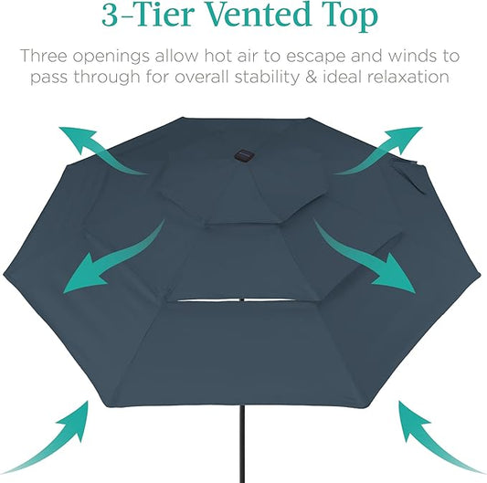 Best Choice Products 10ft 3-Tier Solar Patio Umbrella, Outdoor Market Sun Shade for Backyard, Deck, Poolside w/ 24 LED Lights, Tilt Adjustment, Easy Crank, 8 Ribs - Slate Blue