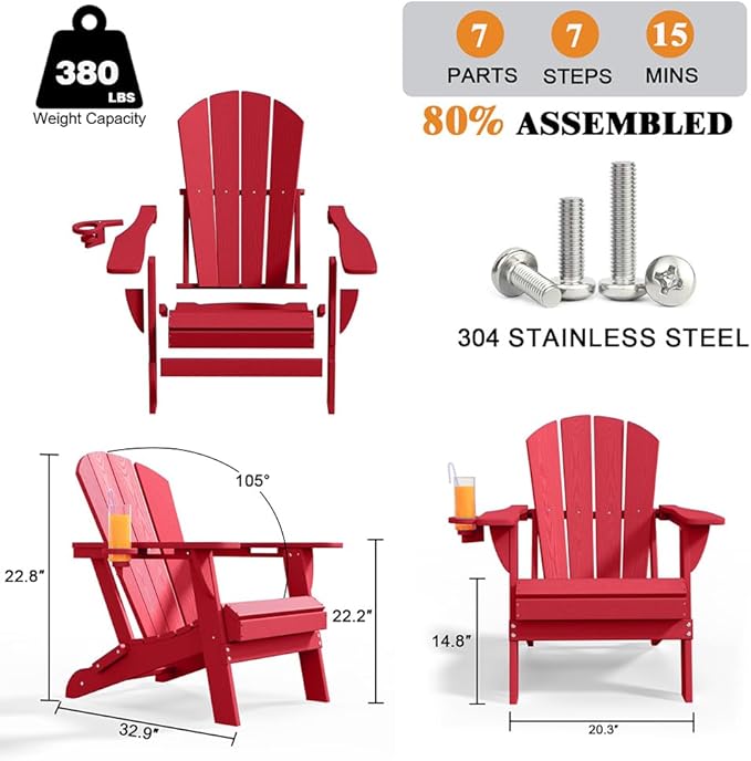 Folding Adirondack Chair with Cup Holders Set of 2, HDPE Plastic Outdoor Chairs, Weather Resistant, Real Wood Look for Patio, Deck, Fire Pit, Backyard, Red