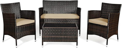 Goplus 4-Piece Rattan Patio Set, Outdoor/Indoor Wicker Conversation Set for Pool, Backyard, Lawn, Wicker Chairs and Sofa with Soft Cushion, Rattan Furniture with Tempered Glass Coffee Table